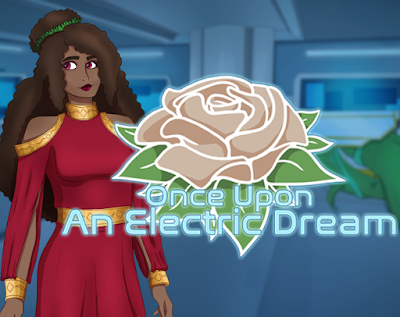 Princess ROsella, a black woman in a red dress stands next to the logo for Once Upon an Electric Dream