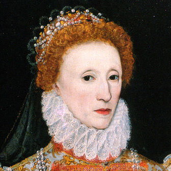 A close up of a portrait of Elizabeth I, unknown artist, c. 1575. Elizabeth I was known for wearing white makeup containing lead to cover her smallpox scars.