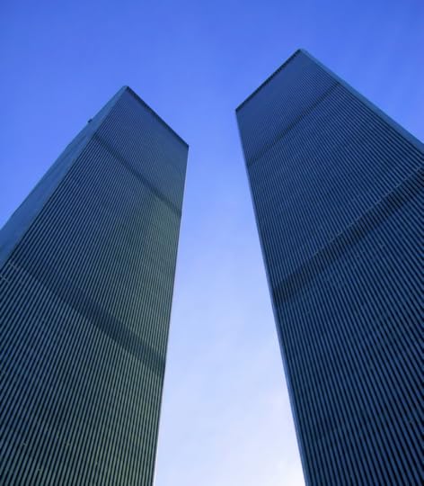 The Twin Towers, looking up into blue sky