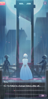 Marie stands at the guillotine, failing to change history