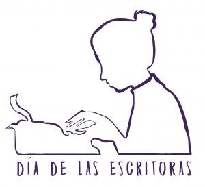 Imagen de una mujer de perfil escribiendo en una máquina de escribir antigua. En su base aparece