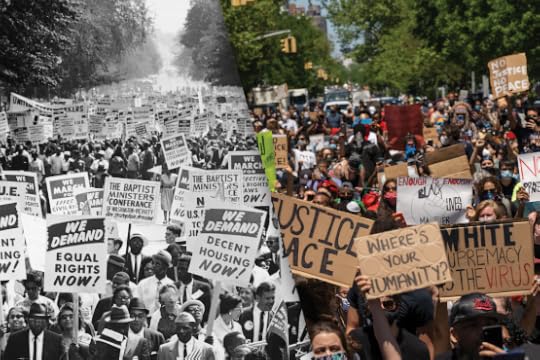Left: Between 200,000 and 500,000 demonstrators march down Constitution Avenue during the March on Washington for Jobs and Freedom, Washington D.C., Aug. 28, 1963; Right: Protesters gather in Harlem to protest the recent death of George Floyd on May 30, 2020 in New York City.