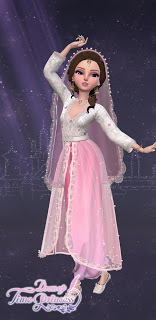 Dawn Breaks costume--a sheer pink skirt over a long-sleeved white top with a long pink veil with pearl accents