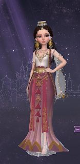 Wondrous rose - a gold fez-like crown and dazzling oversized gold earrings with little pearls hanging from them over a flowing red and gold dress with sheer white sleeves