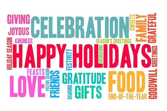 A variety of holiday words such as celebration, love, food, gratitude, joyous are displayed in different colors on a white background