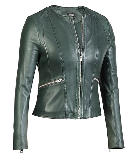 Womens Green Leather Jacket Collarless Round Neck - Soft Lambskin
