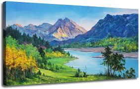 Amazon.com: Ardemy Canvas Wall Art Nature Mountain Blue Stream Painting Landscape One Panel Large Size 48
