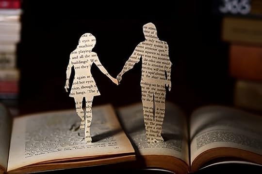 Image: two silhouetted figures cut from pages of separate books, pushed close together and holding hands