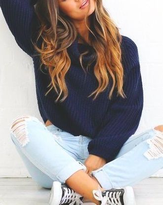 Autumn // Sweater- navy blue chunky knit // Pants- light wash denim ripped skinny jeans // Shoes- low top black converse | Fashion, Cute outfits, Style