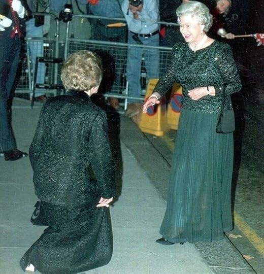 Margaret Thatcher awkwardly curtseying to the Queen. “Please, please stop doing that.”