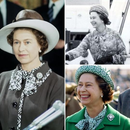 The Queen sporting various pussy bow blouses.