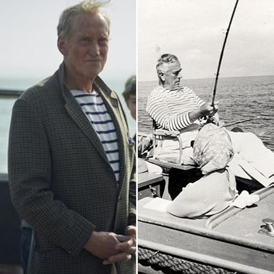 Charles Dance as Lord Mountbatten about to go lobster fishing vs. real life Lord Mountbatten on his boat.