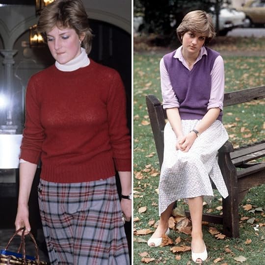 Diana, Princess of Wales sporting two sweater and skirt combinations similar to that seen in the show.