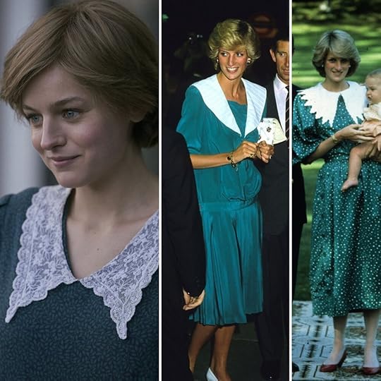 Emma Corrin as Diana, later Princess of Wales, in The Crown vs. real life Diana, Princess of Wales.
