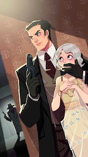 A mafia boss covers Elizabeth's mouth while keeping a look out with a defensive weapon