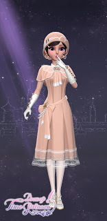 A cute peach-colored 1920s dress with ruffles, lace trim, and a curled black bob with an oversized round matching hat