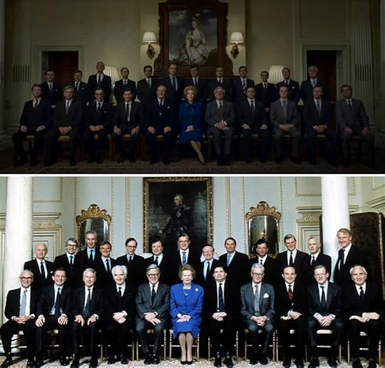 The top photo was actually from the final cabinet picture in this episode, not the first. In the first posed pic, she’s wearing a feminine floral, but by the end, she’s moved into her power color of blue. The bottom photo is the real Margaret Thatcher with her cabinet. Notice how the portrait behind them in the TV series is a woman, not a man, and is less ornate than the real life picture.