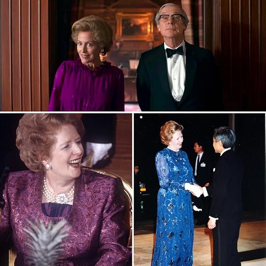 Top, Gillian Anderson and Stephen Boxer playing Margaret and Denis Thatcher in The Crown. Bottom, the real life Margaret Thatcher.