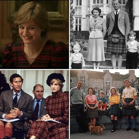 Top left: Emma Corrin in the Crown, bottom left: Princess Diana and Prince Charles in real life. Top Right: The Queen and the Duke of Edinburgh with tiny Prince Charles and Princess Anne at Balmoral. Bottom Right: The whole royal fam in plaid.