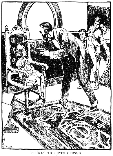 Black and white illustration of Doctor trying to hypnotize girl seated in chair as family watches, captioned 'slowly the eyes opened.'