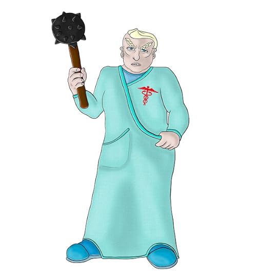 Iris in her hospital robes holding her sanitised surgical mace