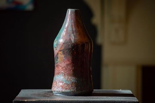 raku pottery vase turquoise and salmon