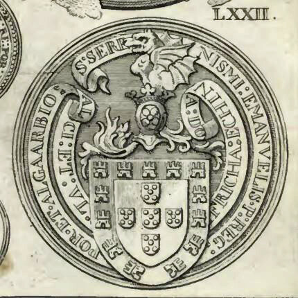 The Royal coat of arms of Portugal on a seal attached to a letter dated 1507, showing the helmet and dragon crest very similar in configuration to the crest on the Schiedam weights ( Sousa 1738, p 43 no LXXII and pl. O. Biblioteca Nacional de Portugal ).