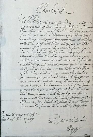 Letter from King Charles II regarding the Schiedam , signed by the King and by Pepys (The National Archives, ADM 106/58/6).
