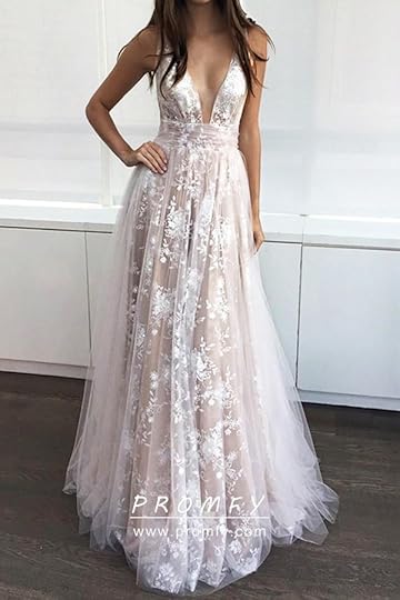 White Lace and Tulle Overlay Nude Long Prom Dress - Promfy