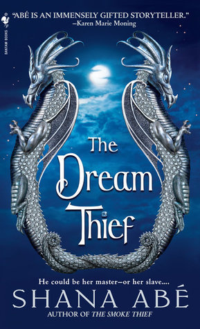 The cover of the Dream Thief by Shana Abé. Two pewter-looking dragons flank the title, joined at the tail. The background is a blue night sky with a full moon above clouds.