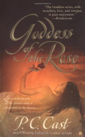 The cover of Goddess of the Rose shows warm-toned painting of a woman with stardust in her hair lying naked, wrapped in a sheet and holding a rose above her and gazing at it.