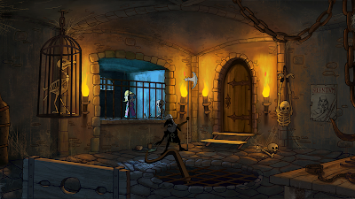 Princess Tsioque peers through the bars of her dungeon prison