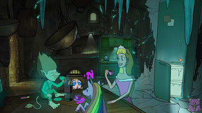 Tsioque peers up from the back of a table at a strange tea party with a troll, a unicorn, and a princess
