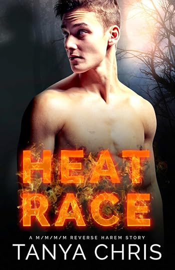 Cover for Heat Race by Tanya Chris shows a young man in moonlight looking over his shoulder at a looming shadow