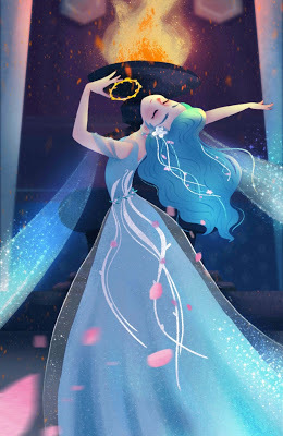 Princess Helen dancing in a temple shrine in a flowing blue gown with a magical golden relic.