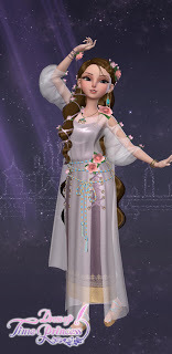 Princess Helen in a glittering chiffon gown and ankle-length hair covered in pink flower and ribbon accents