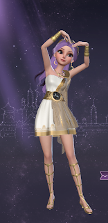 Helen in a gold and white Valkyrie dress with lavender hair