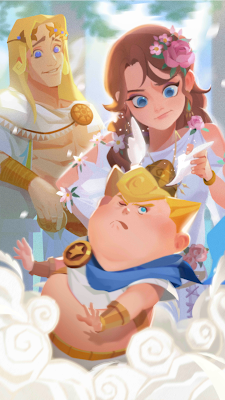 An adorable illustration of Hellen, Apollo, and baby Hermes on a clouded background