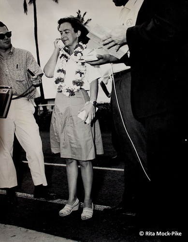 Jerrie answers the phone immediately after arrival in Hawaii, round-the-world flight. From Move Over Amelia, That’s My Grandma’s Place in History – Celebrating the First Woman to Fly Around the World 