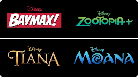 Logos for four new original animated Disney+ series--Baymax, Zootopia, Tiana, and Moana