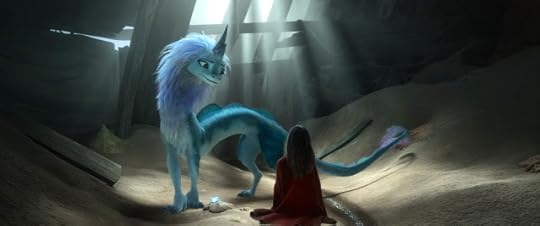 Raya and Sisu, a fuzzy blue dragon resembling a giraffe