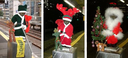 The nude peeing boy statue at JR Hamamatsucho station dressed as Santa in the years 2006, 2007, 2008