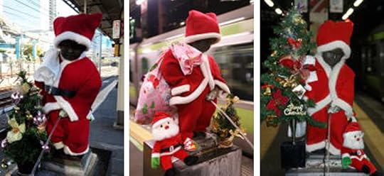 The nude peeing boy statue at JR Hamamatsucho station dressed as Santa in the years 2015, 2016, 2017