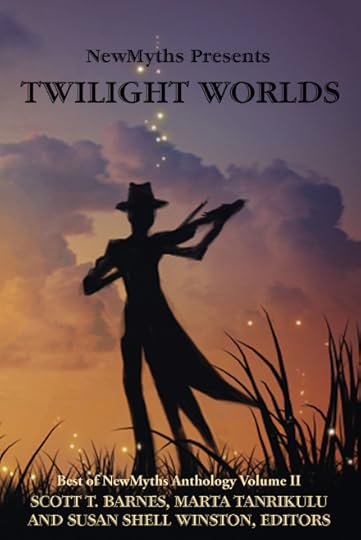 Depicts a person playing violin in a hat and cape, silhouetted against a cloudy sunset.