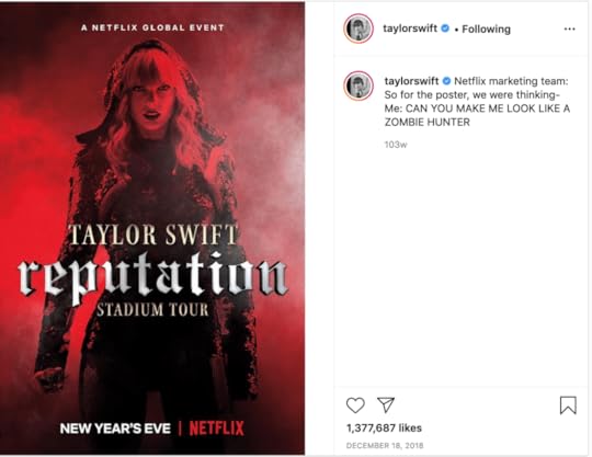 Screenshot of an Instagram post by Taylor Swift dressed in black on a red background, with the caption: 
