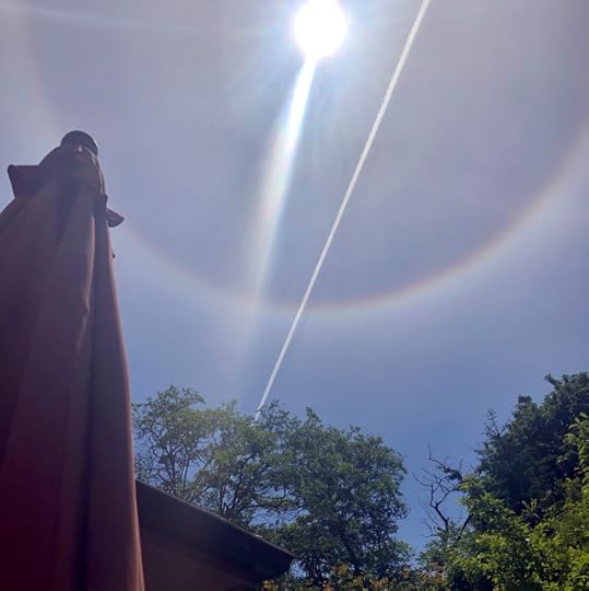 Photo of blue sky with blazing sun surrounded by a corona, and cut by a brilliant white jet contrail