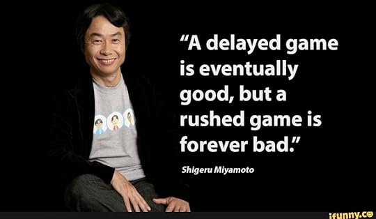 Shigeru Miyamoto sitting with a black background in the back. A quote in white letters says, 