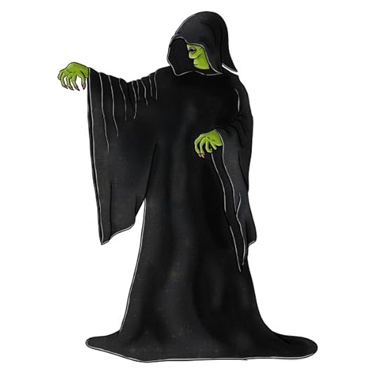 Düm Leavings in a black robe with his hood up