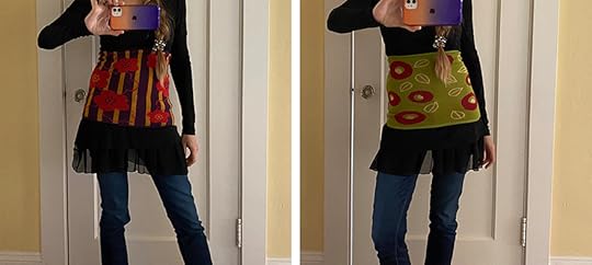 Author Jonelle Patrick wearing haramaki Japanese stomach warmer
