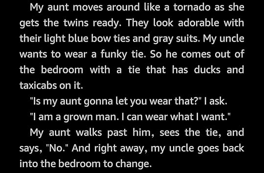 My uncle wants to wear a funky tie. So he comes out of the bedroom with a tie that has ducks and taxicabs on it. 